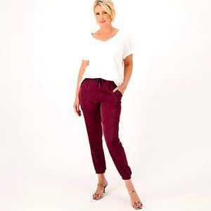 Candace Cameron Bure Petite Satin Joggers in Burgundy MP